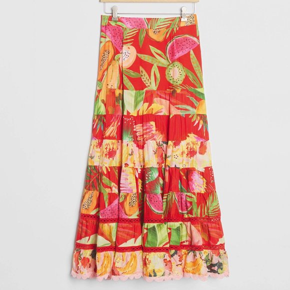 Anthropologie Farm Rio Citron Tiered Maxi Skirt